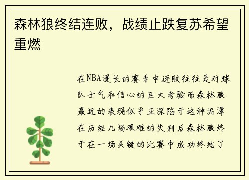 森林狼终结连败，战绩止跌复苏希望重燃